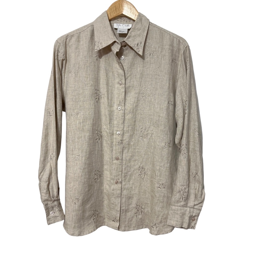 Silk Club Collection Linen Shirt Womens Size M Floral Embroidered Fall Casual